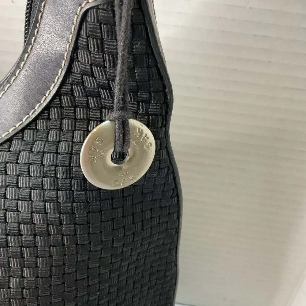 Vintage The‎ SAK Black Crochet Woven Leather Trim Hobo Shoulder Bag Purse